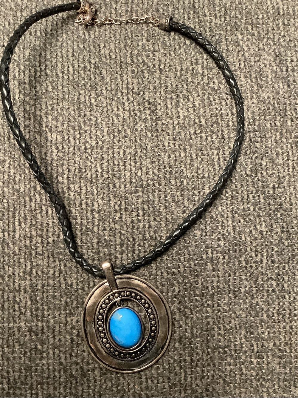 Black Braided Cord Necklace with Turquoise Blue Pendant